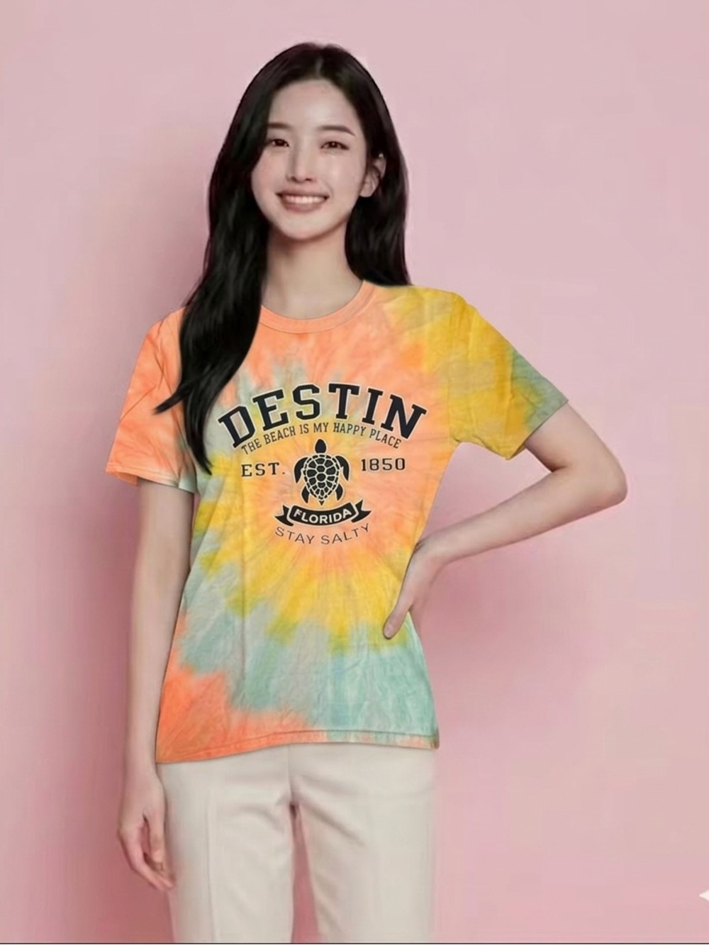 Gildan Tie-Dye Tee in Coral, Yellow & Aqua with Navy Graphic